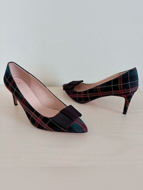 J. Crew Tartan Plaid Point Toe Kitten Heel Bow Black Made in Italy size 10